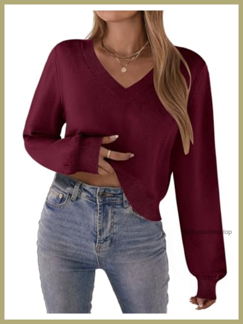 Zeagoo Women V-Neck Cropped Knit Pullover Sweater Long Lantern Sleeve